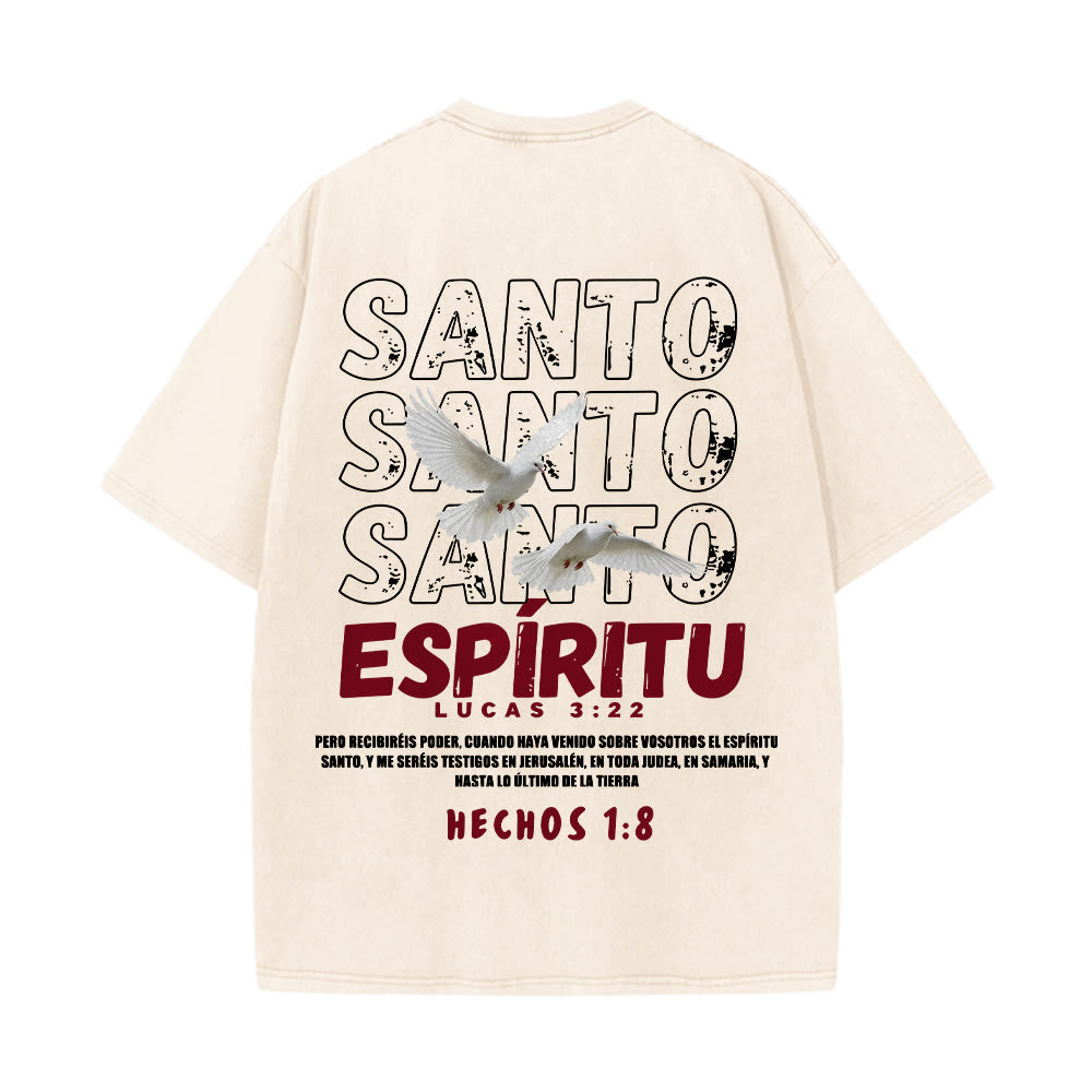 Christianartworkshop Spanish Holy Spirit Slogan Double Dove Distressed Font Back Graphic Washed Unisex T-Shirt