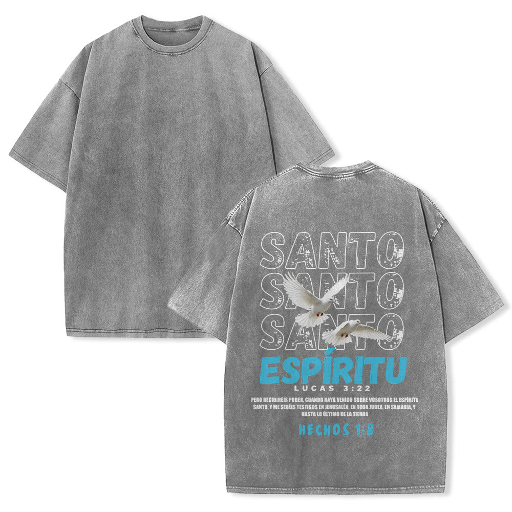 Christianartworkshop Spanish Holy Spirit Slogan Double Dove Distressed Font Back Graphic Washed Unisex T-Shirt