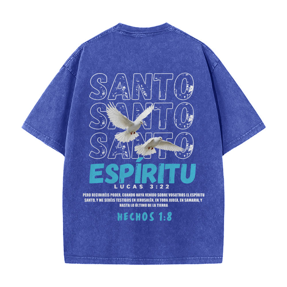 Christianartworkshop Spanish Holy Spirit Slogan Double Dove Distressed Font Back Graphic Washed Unisex T-Shirt