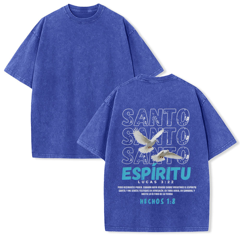 Christianartworkshop Spanish Holy Spirit Slogan Double Dove Distressed Font Back Graphic Washed Unisex T-Shirt