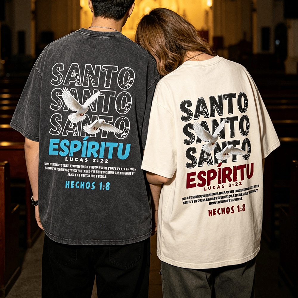 Christianartworkshop Spanish Holy Spirit Slogan Double Dove Distressed Font Back Graphic Washed Unisex T-Shirt
