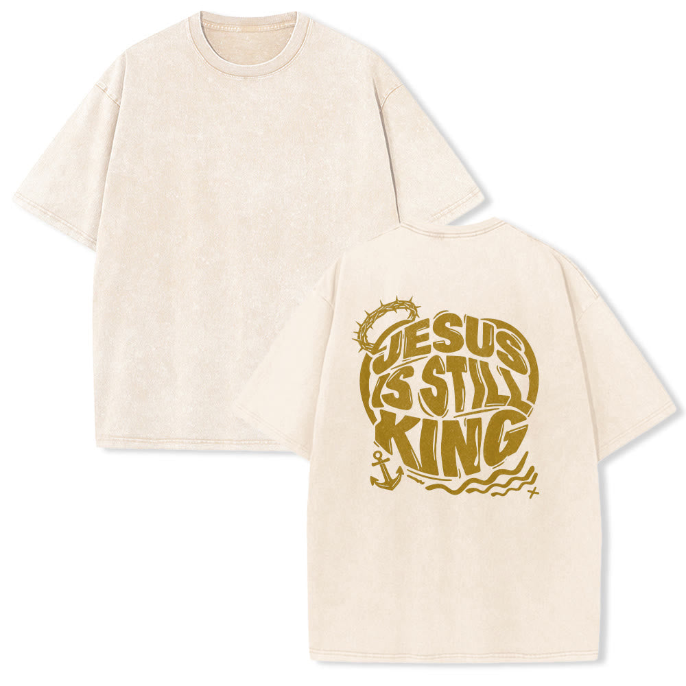 Christianartworkshop Jesus Is Still King Crown Of Thorns Anchor Wave Couple Matching Back Print Vintage Washed Unisex T-Shirt