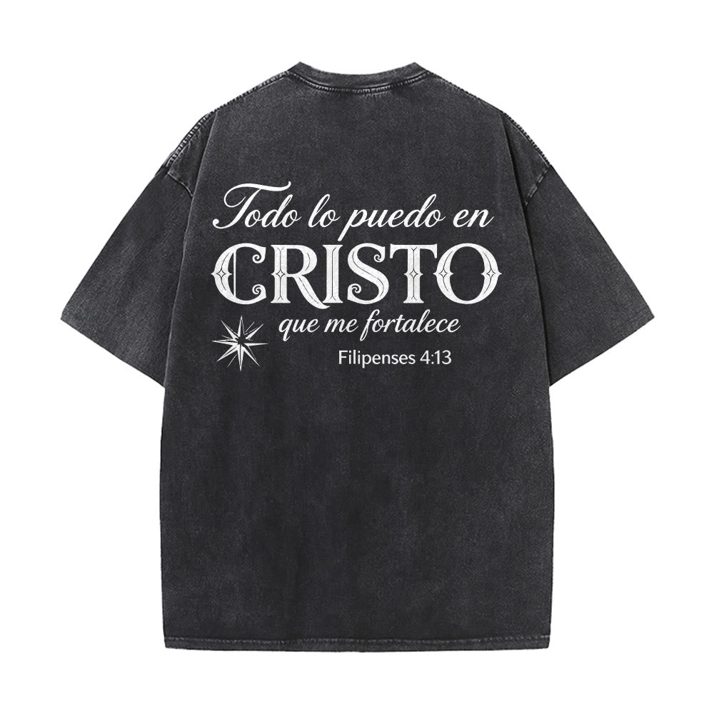 Christianartworkshop Elegant Dual Font Spanish Spiritual Verse Tiny Star Back Washed Unisex T-Shirt