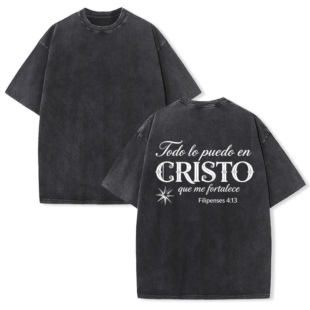 Christianartworkshop Elegant Dual Font Spanish Spiritual Verse Tiny Star Back Washed Unisex T-Shirt