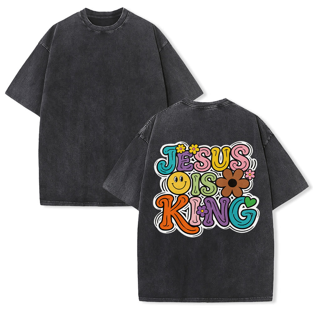 Christianartworkshop Jesus Is King Retro Groovy Multicolor Bubble Font Flower Smiley Back Print Vintage Washed Unisex T-Shirt