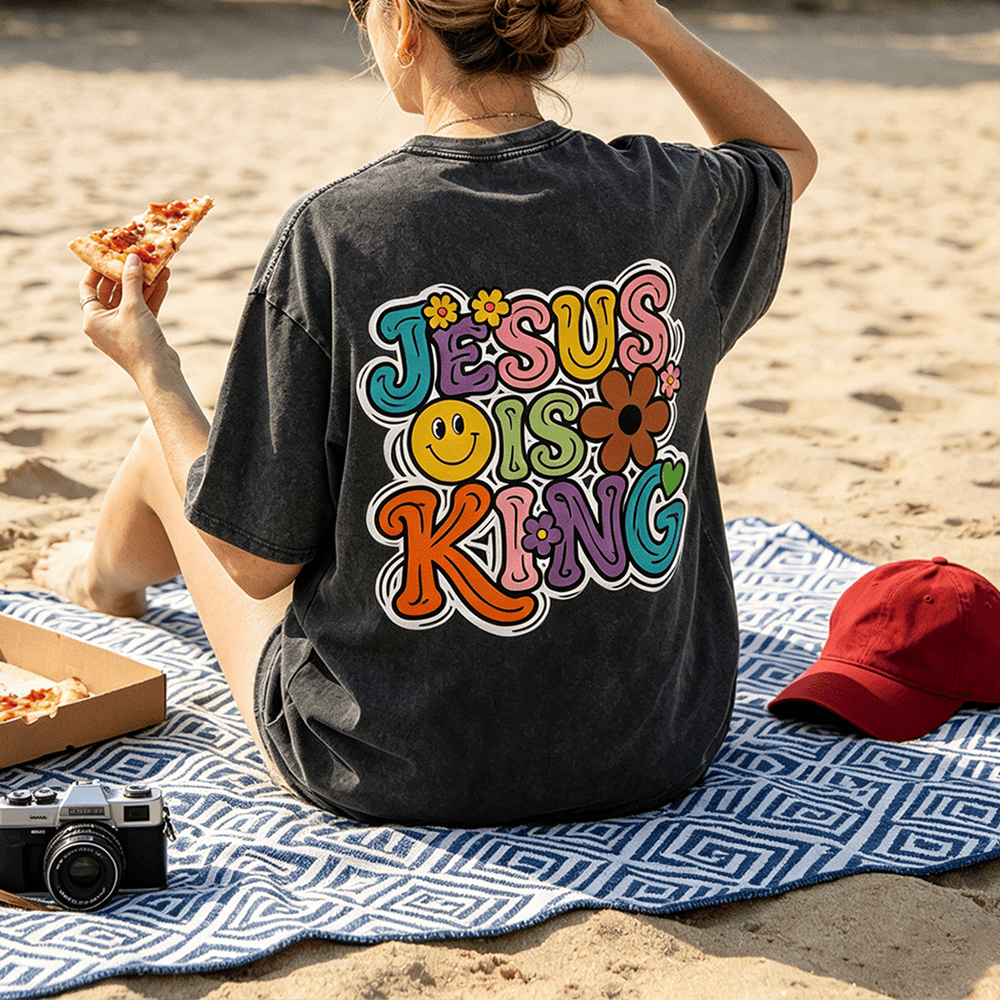 Christianartworkshop Jesus Is King Retro Groovy Multicolor Bubble Font Flower Smiley Back Print Vintage Washed Unisex T-Shirt