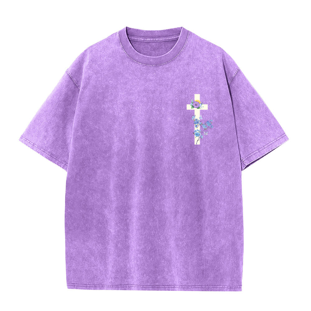 Christianartworkshop It Is Well With My Soul Watercolor Wildflower Full Back Print Floral Cross Left Chest Vintage Washed Unisex T-Shirt