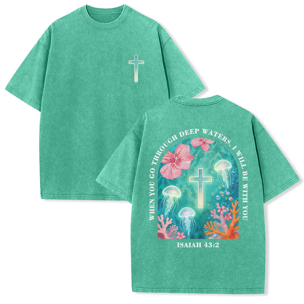 Christianartworkshop When You Go Through Deep Waters Underwater Jellyfish Hibiscus Coral Arch Back Print Small Gradient Cross Chest Vintage Washed Unisex T-Shirt