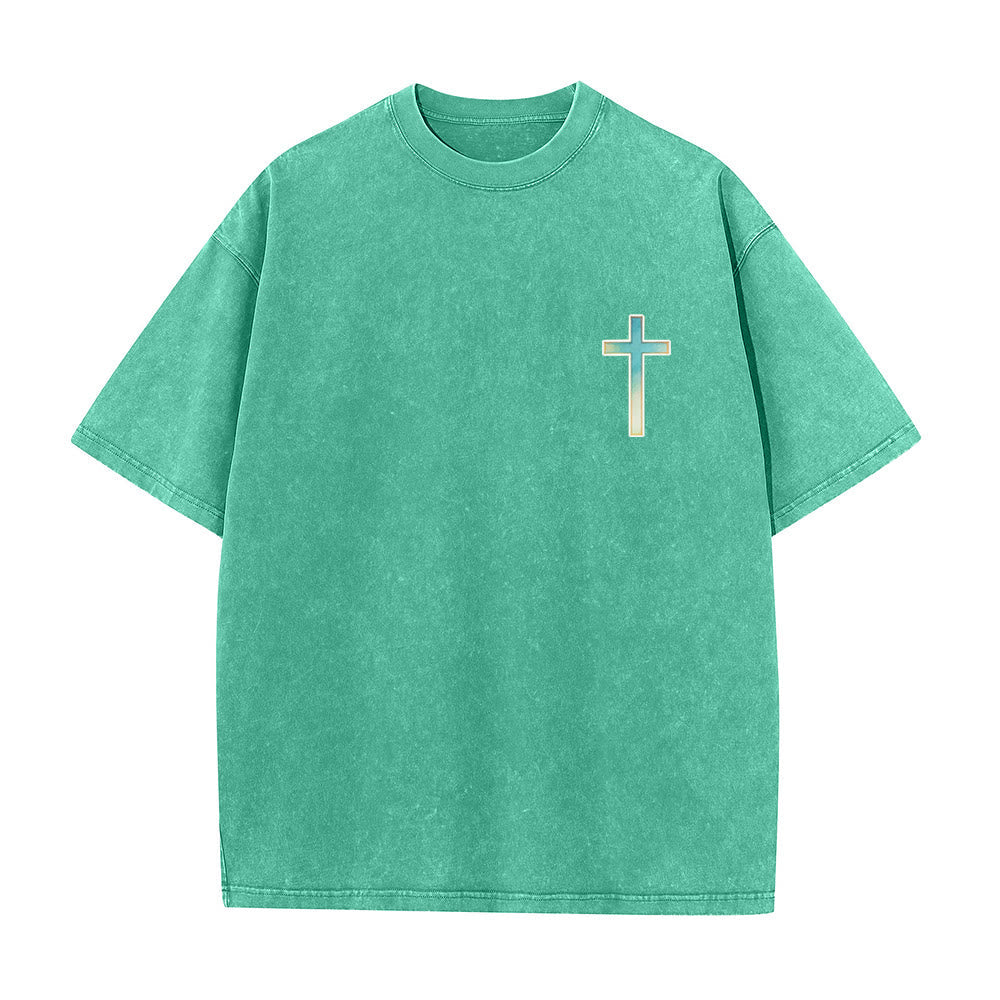 Christianartworkshop When You Go Through Deep Waters Underwater Jellyfish Hibiscus Coral Arch Back Print Small Gradient Cross Chest Vintage Washed Unisex T-Shirt