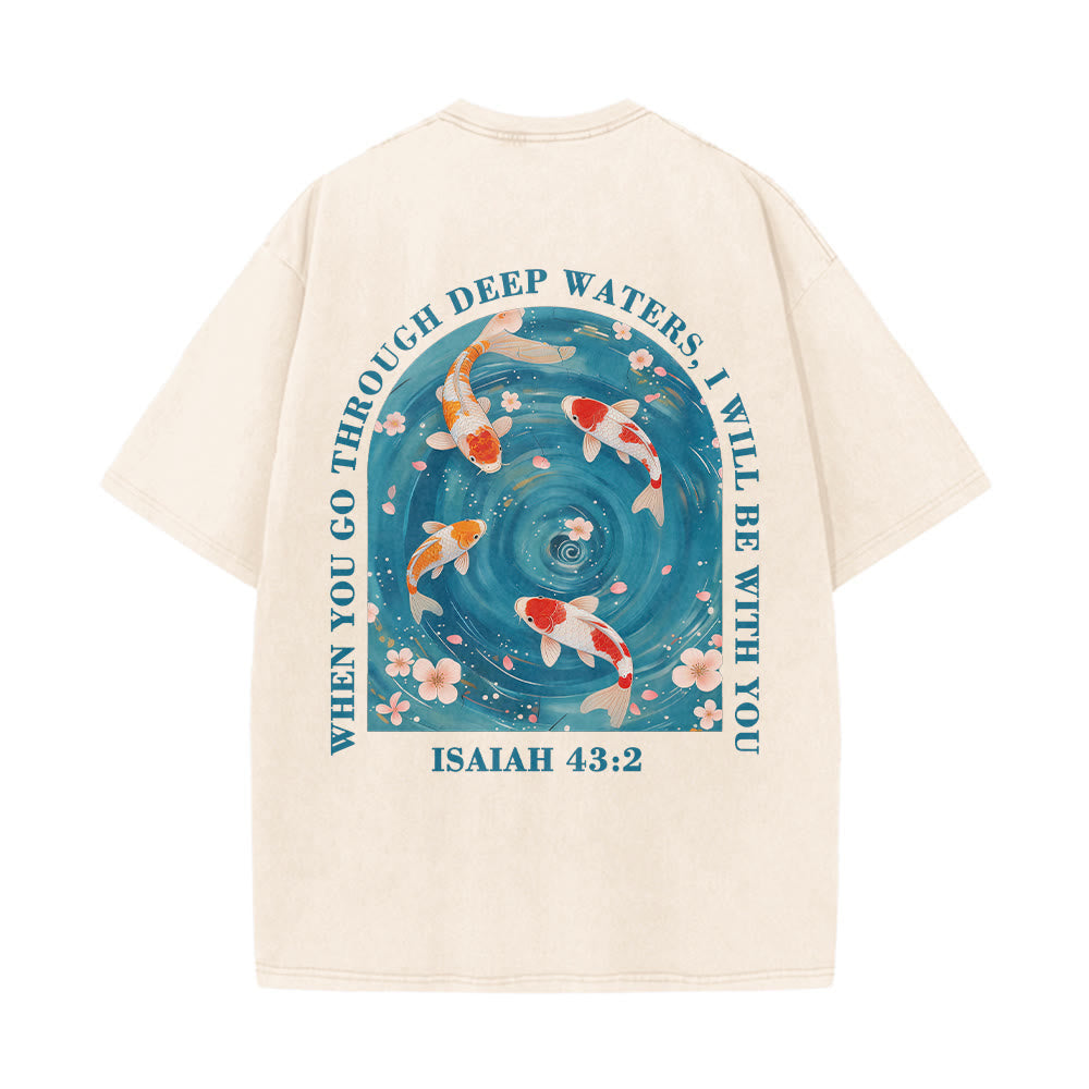 Christianartworkshop Curved Arch Wording Isaiah 43:2 Oriental Koi Floral Arrangement Dual Side Faith Washed Unisex T-Shirt
