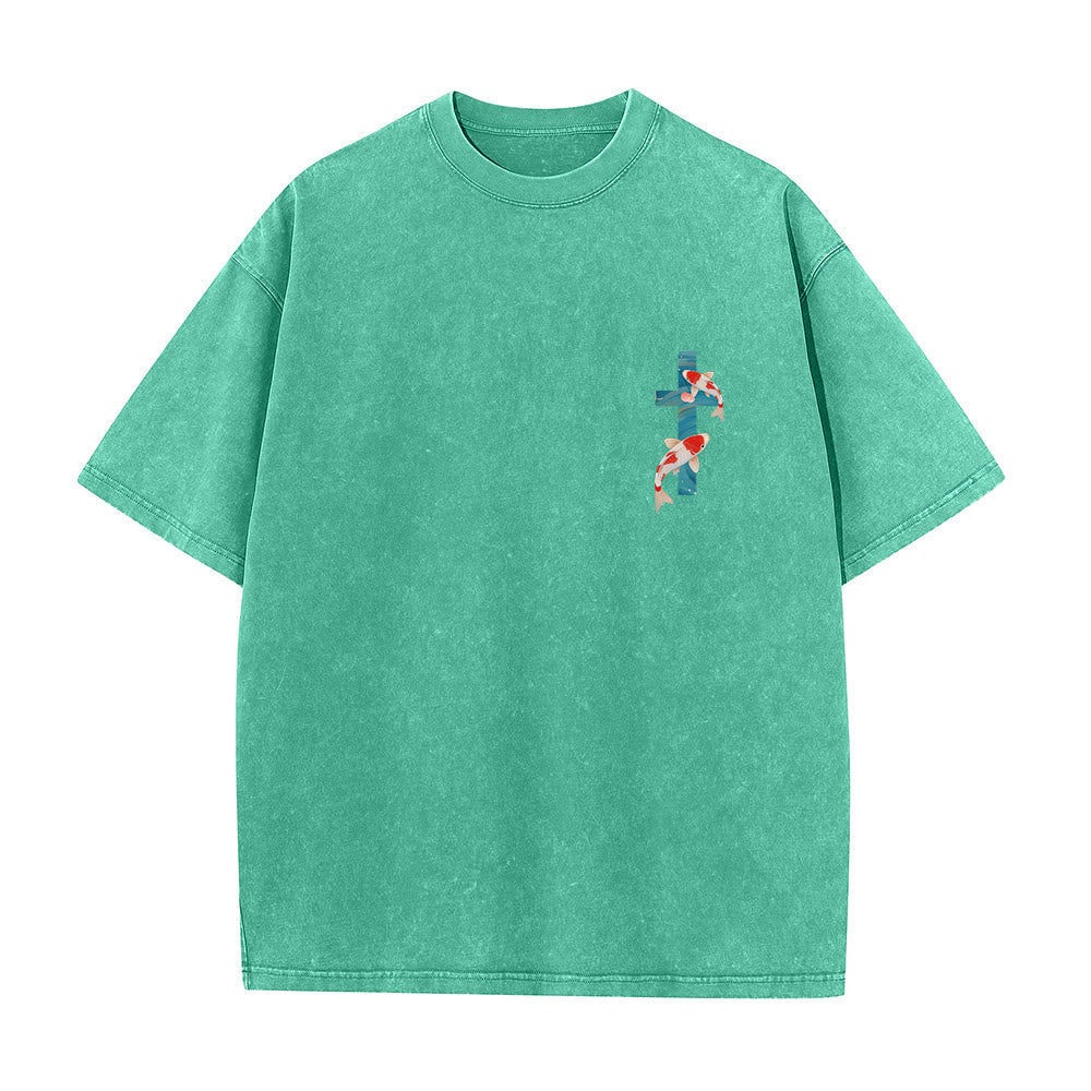Christianartworkshop Curved Arch Wording Isaiah 43:2 Oriental Koi Floral Arrangement Dual Side Faith Washed Unisex T-Shirt