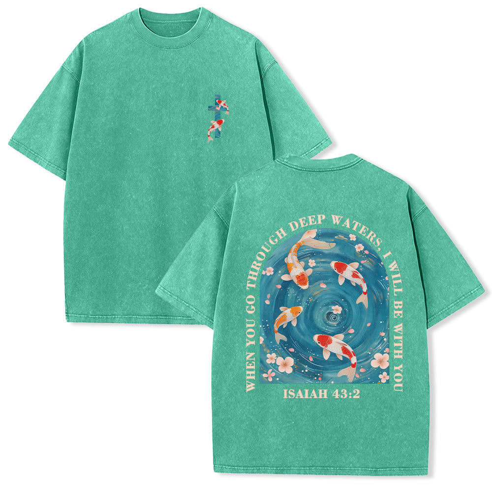 Christianartworkshop Curved Arch Wording Isaiah 43:2 Oriental Koi Floral Arrangement Dual Side Faith Washed Unisex T-Shirt