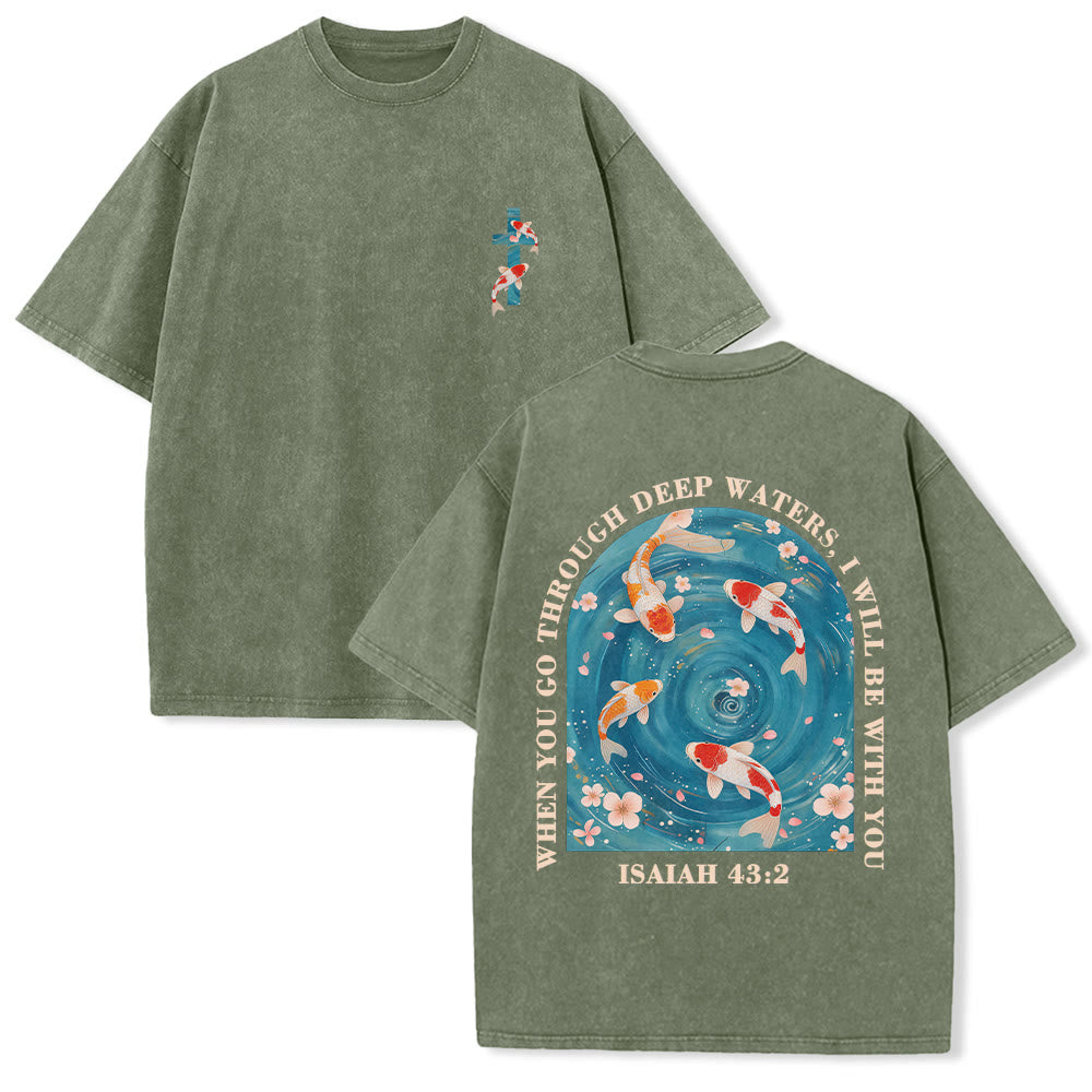Christianartworkshop Curved Arch Wording Isaiah 43:2 Oriental Koi Floral Arrangement Dual Side Faith Washed Unisex T-Shirt