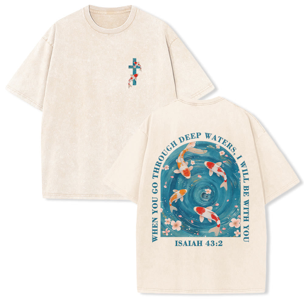 Christianartworkshop Curved Arch Wording Isaiah 43:2 Oriental Koi Floral Arrangement Dual Side Faith Washed Unisex T-Shirt
