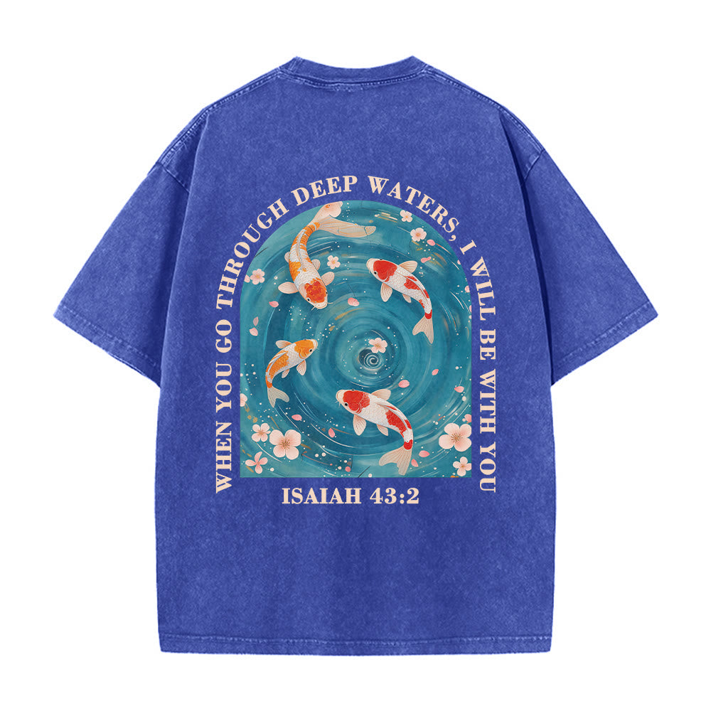 Christianartworkshop Curved Arch Wording Isaiah 43:2 Oriental Koi Floral Arrangement Dual Side Faith Washed Unisex T-Shirt