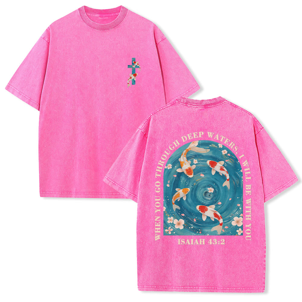 Christianartworkshop Curved Arch Wording Isaiah 43:2 Oriental Koi Floral Arrangement Dual Side Faith Washed Unisex T-Shirt
