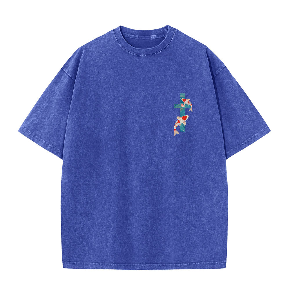 Christianartworkshop Curved Arch Wording Isaiah 43:2 Oriental Koi Floral Arrangement Dual Side Faith Washed Unisex T-Shirt
