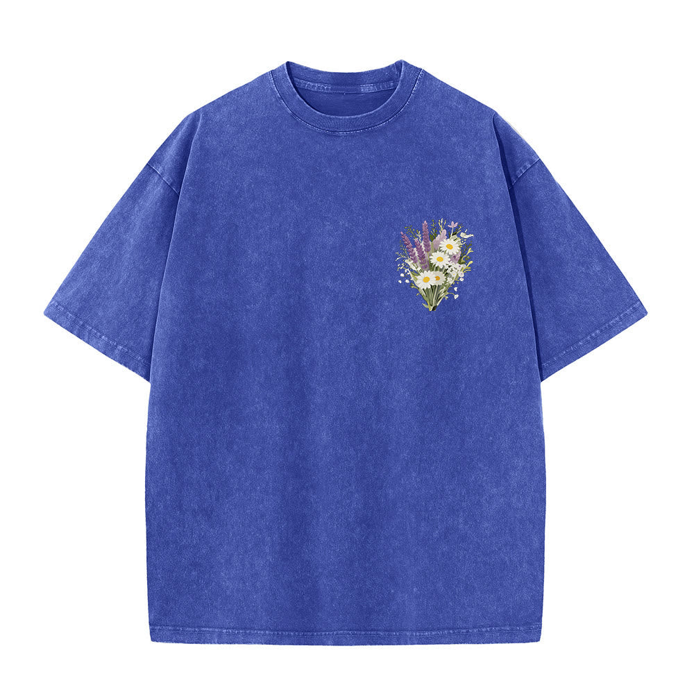 Christianartworkshop Tiny Lavender Daisy Bouquet Large Back Floral Arrangement Inspirational Verse Washed T-Shirt
