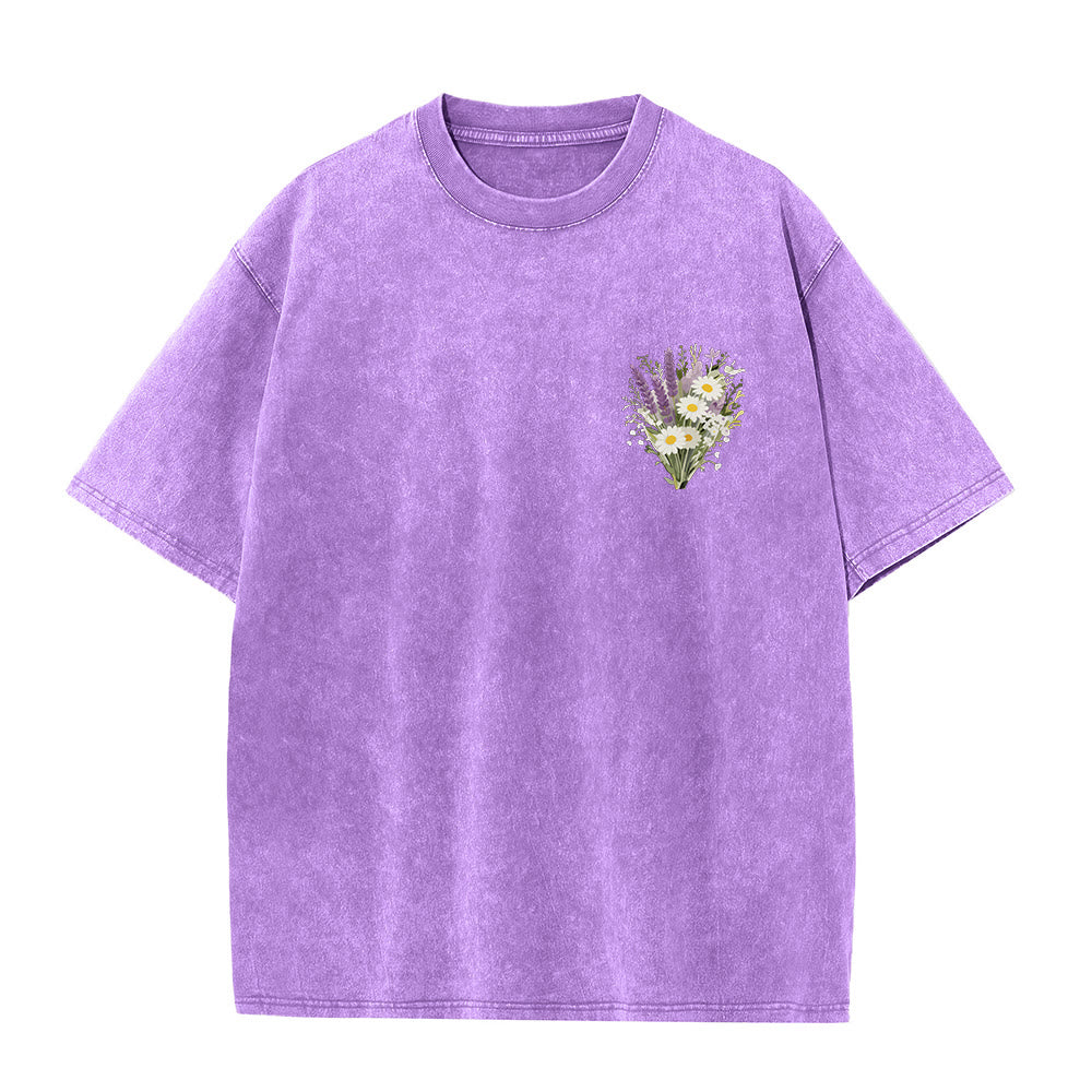Christianartworkshop Tiny Lavender Daisy Bouquet Large Back Floral Arrangement Inspirational Verse Washed T-Shirt