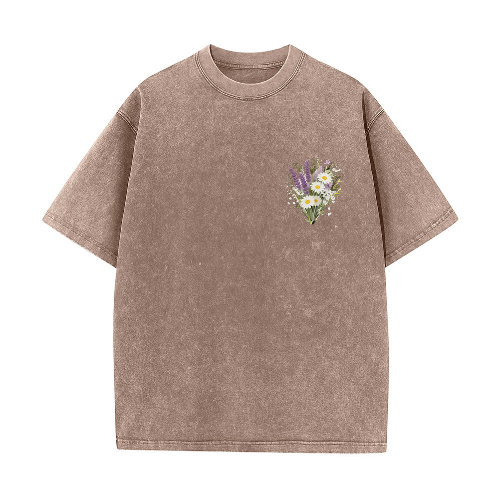 Christianartworkshop Tiny Lavender Daisy Bouquet Large Back Floral Arrangement Inspirational Verse Washed T-Shirt