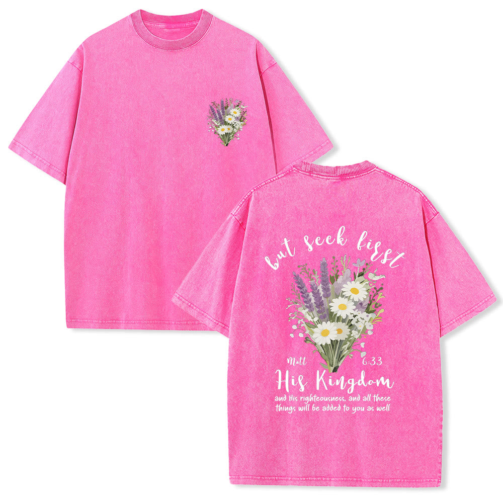 Christianartworkshop Tiny Lavender Daisy Bouquet Large Back Floral Arrangement Inspirational Verse Washed T-Shirt