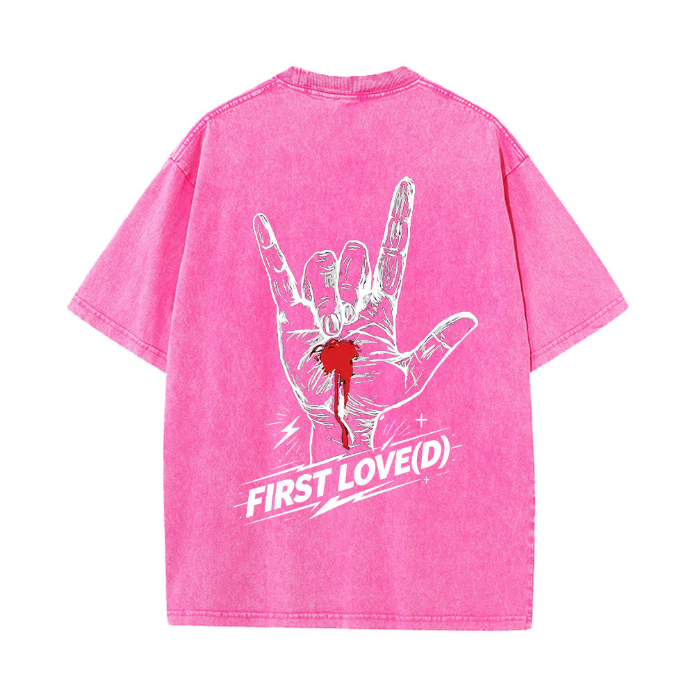 Christianartworkshop Grunge Rock Hand Bleeding Heart Graphic Arch Slogan Front Large First Love Letter Back Washed T-Shirt