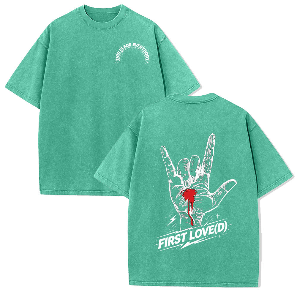 Christianartworkshop Grunge Rock Hand Bleeding Heart Graphic Arch Slogan Front Large First Love Letter Back Washed T-Shirt
