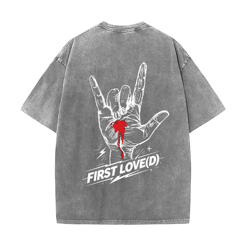 Christianartworkshop Grunge Rock Hand Bleeding Heart Graphic Arch Slogan Front Large First Love Letter Back Washed T-Shirt