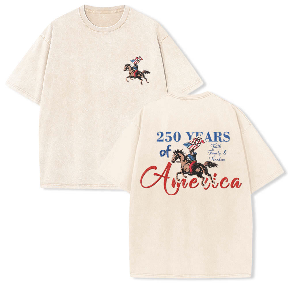 Christianartworkshop 250 Years Of America Patriotic Cowboy Horse Dual Print Vintage Washed T-Shirt