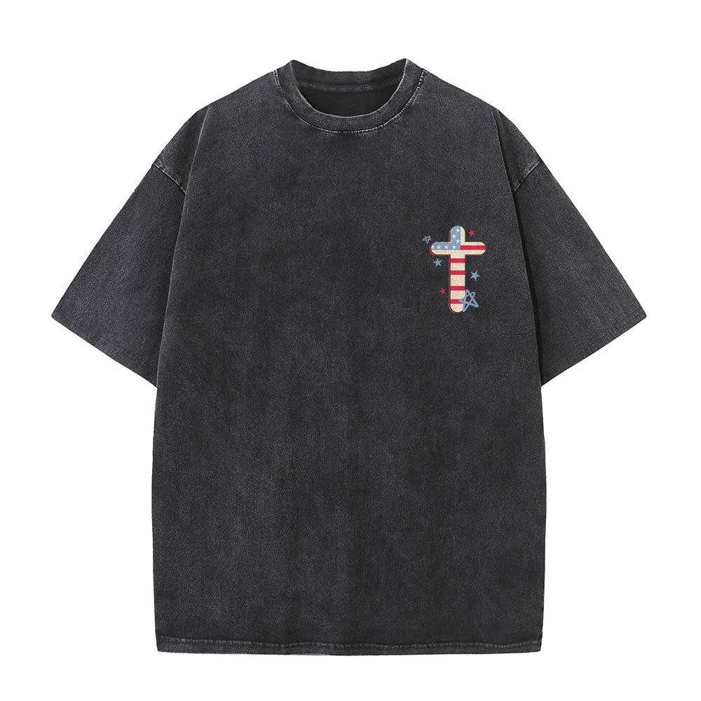 Christianartworkshop Stars & Stripes Jesus Christ Patriotic Flag Cross Mini Front Chest Multi Color Curly Letter Back Dual Print Vintage Washed T-Shirt