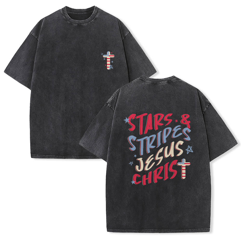 Christianartworkshop Stars & Stripes Jesus Christ Patriotic Flag Cross Mini Front Chest Multi Color Curly Letter Back Dual Print Vintage Washed T-Shirt
