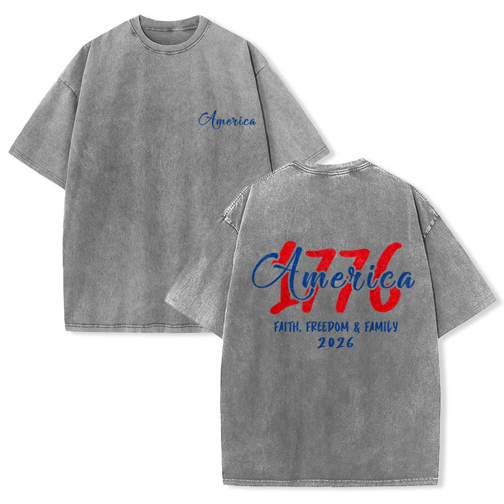Christianartworkshop America 1776 Faith Freedom & Family Contrast Red Blue Cursive Block Dual Print Vintage Washed T-Shirt