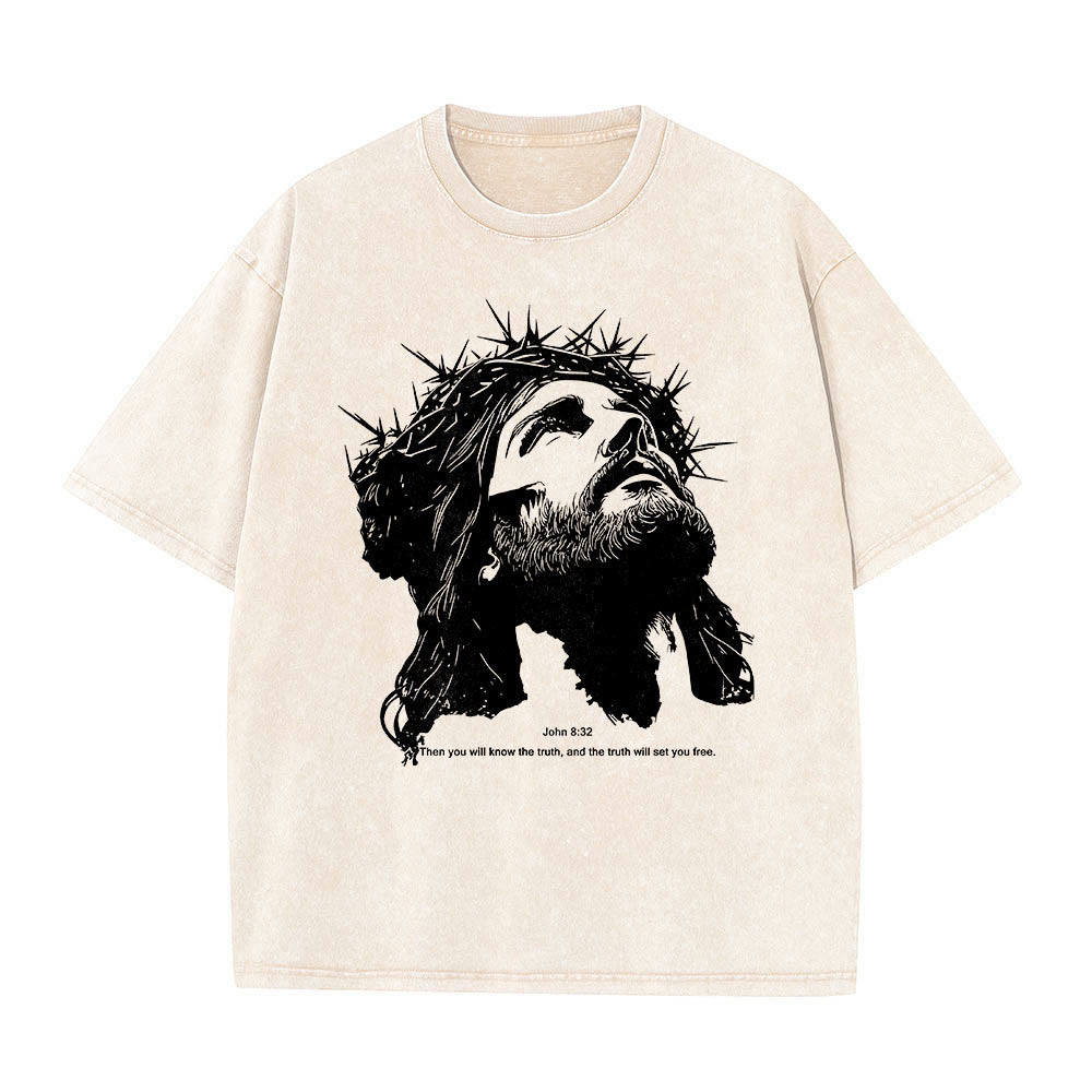 Christianartworkshop Thorn Crown Jesus Portrait John 8:32 Scripture Verse Front Print Vintage Washed T-Shirt