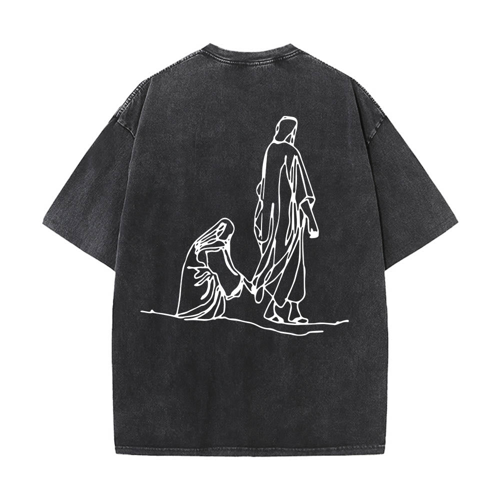 Christianartworkshop Matthew 9:20鈥?2 Faith Quote Front Bleeding Woman Touch Christ Robe Line Art Rear Print Washed T鈥慡hirt