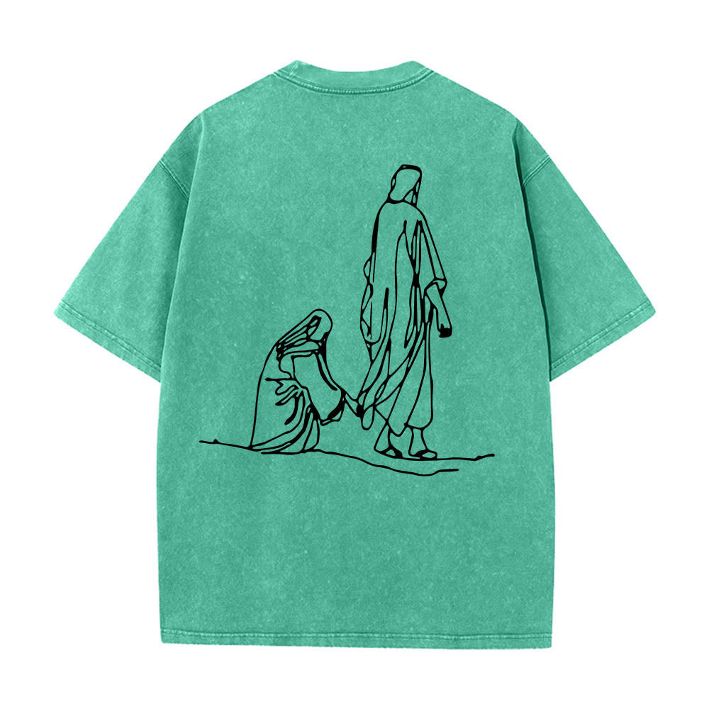 Christianartworkshop Matthew 9:20鈥?2 Faith Quote Front Bleeding Woman Touch Christ Robe Line Art Rear Print Washed T鈥慡hirt