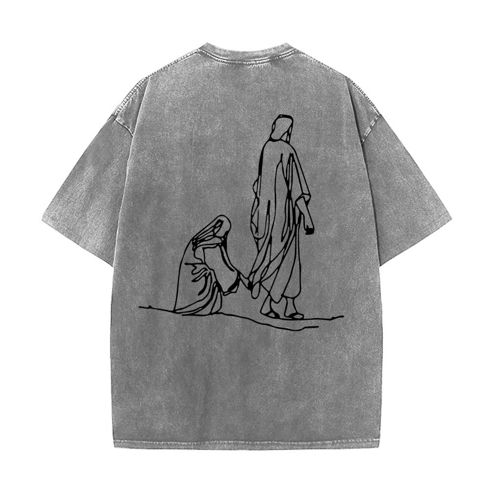 Christianartworkshop Matthew 9:20鈥?2 Faith Quote Front Bleeding Woman Touch Christ Robe Line Art Rear Print Washed T鈥慡hirt