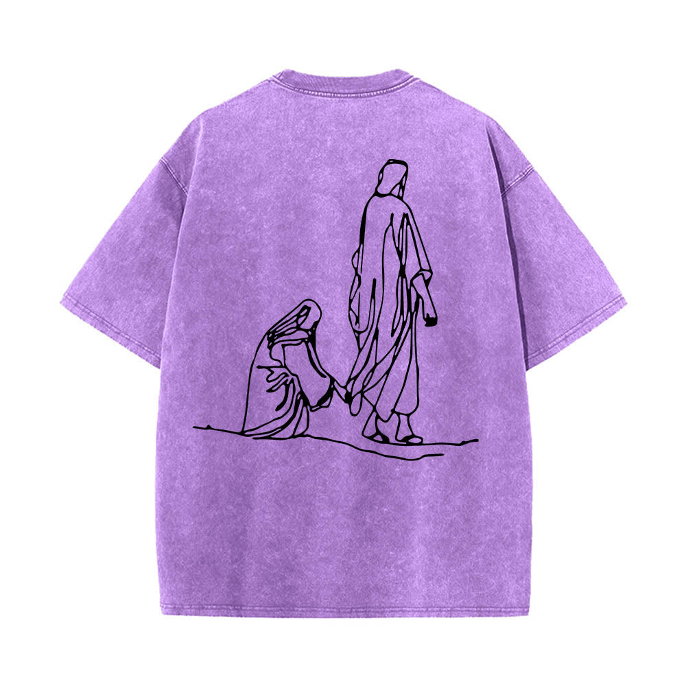 Christianartworkshop Matthew 9:20鈥?2 Faith Quote Front Bleeding Woman Touch Christ Robe Line Art Rear Print Washed T鈥慡hirt