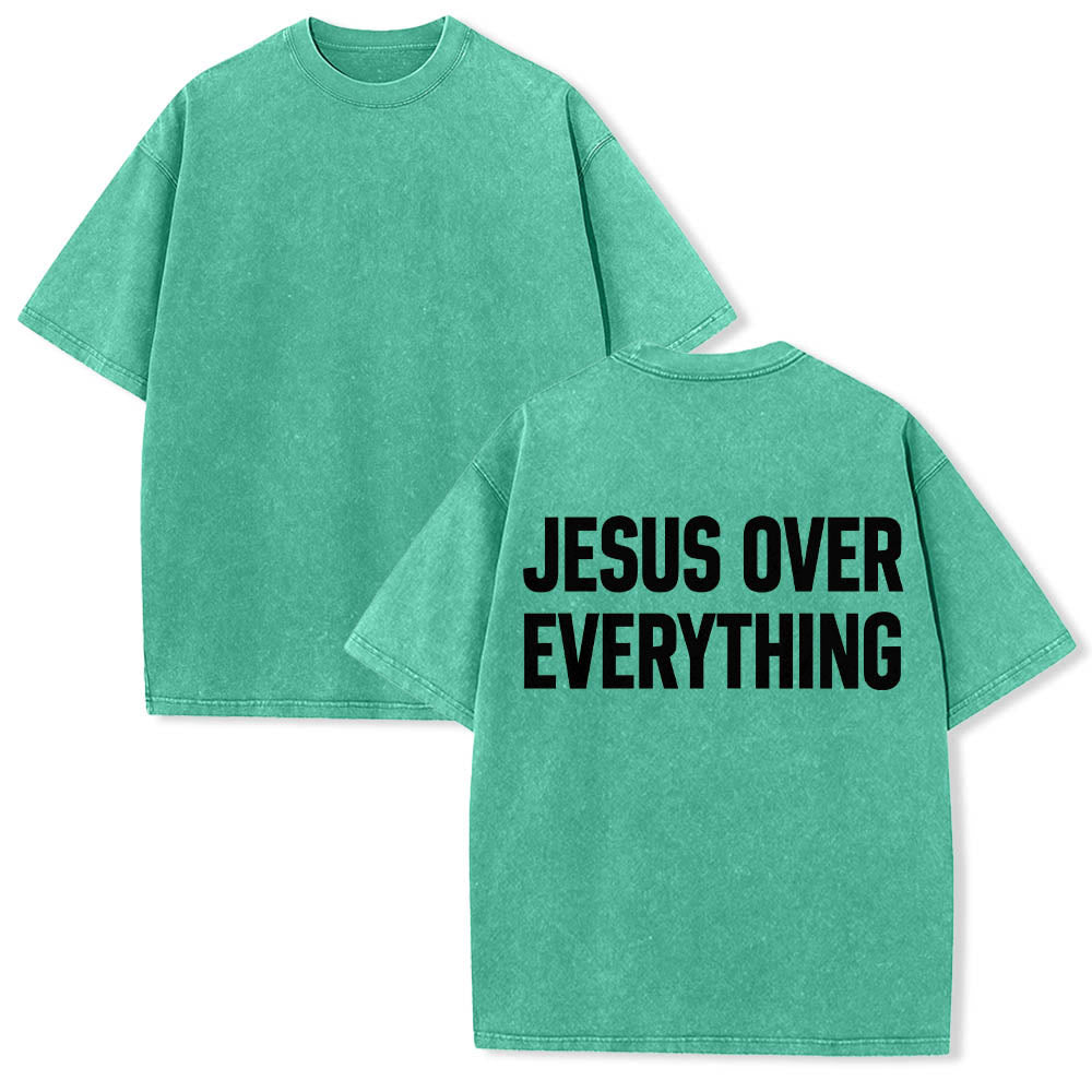 Christianartworkshop Two-Line Bold Jesus Over Everything Rear Block Letter Print Washed T鈥慡hirt