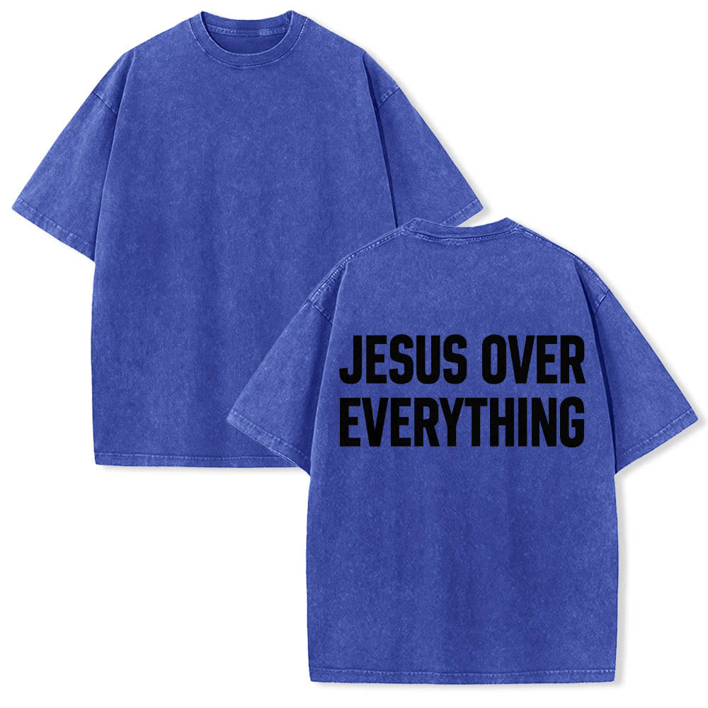 Christianartworkshop Two-Line Bold Jesus Over Everything Rear Block Letter Print Washed T鈥慡hirt
