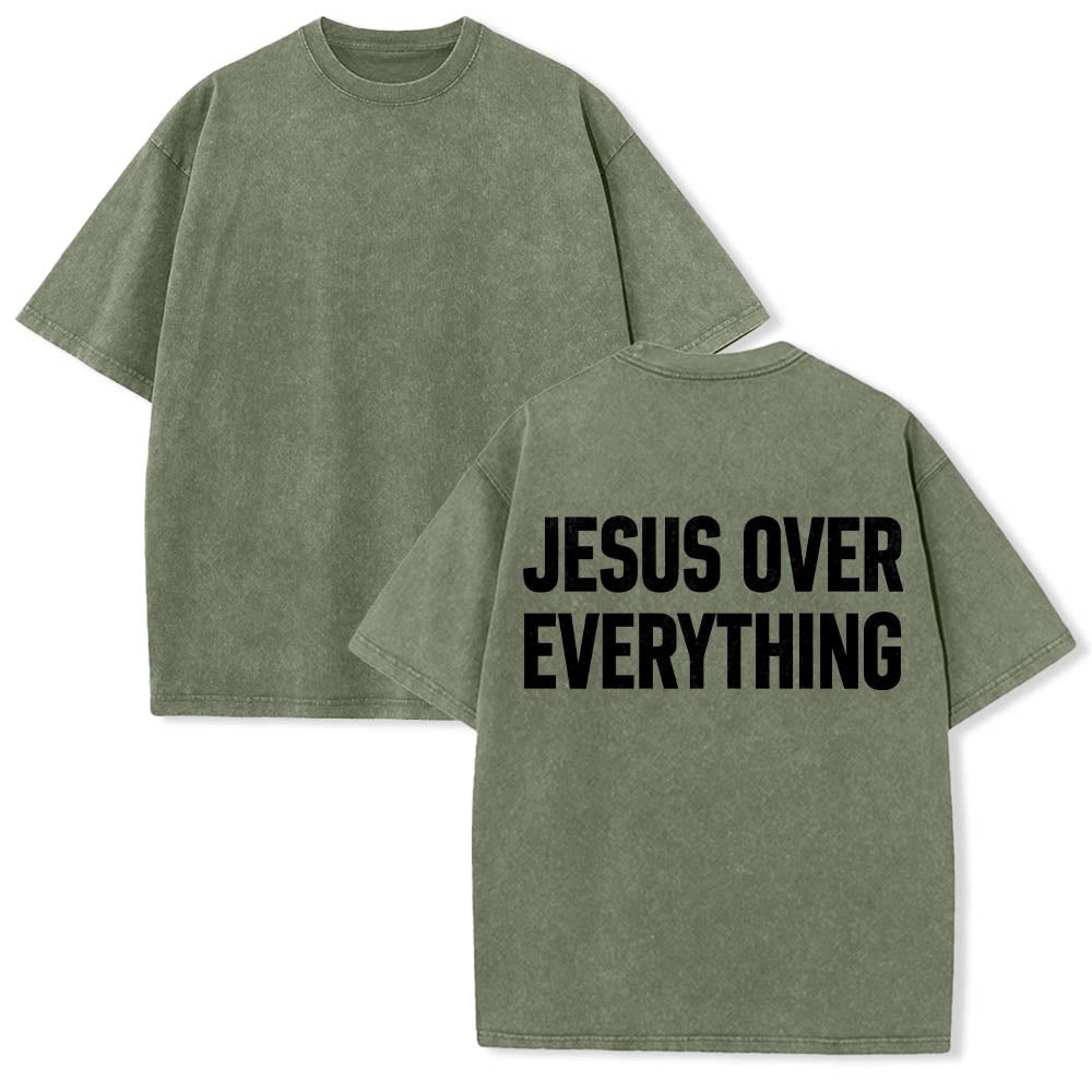Christianartworkshop Two-Line Bold Jesus Over Everything Rear Block Letter Print Washed T鈥慡hirt
