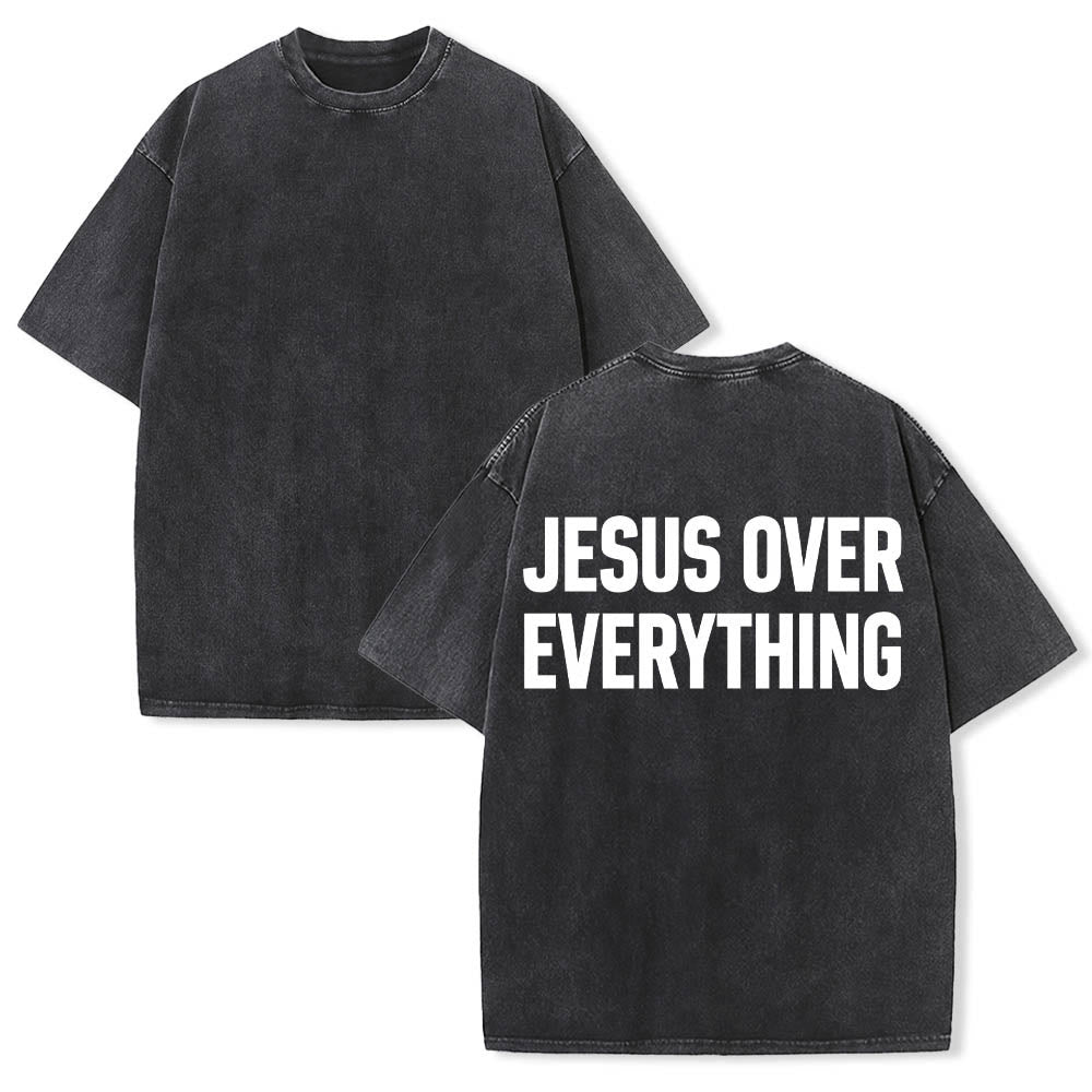 Christianartworkshop Two-Line Bold Jesus Over Everything Rear Block Letter Print Washed T鈥慡hirt