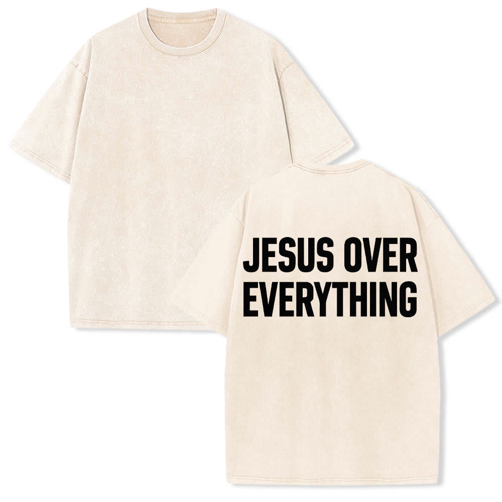 Christianartworkshop Two-Line Bold Jesus Over Everything Rear Block Letter Print Washed T鈥慡hirt