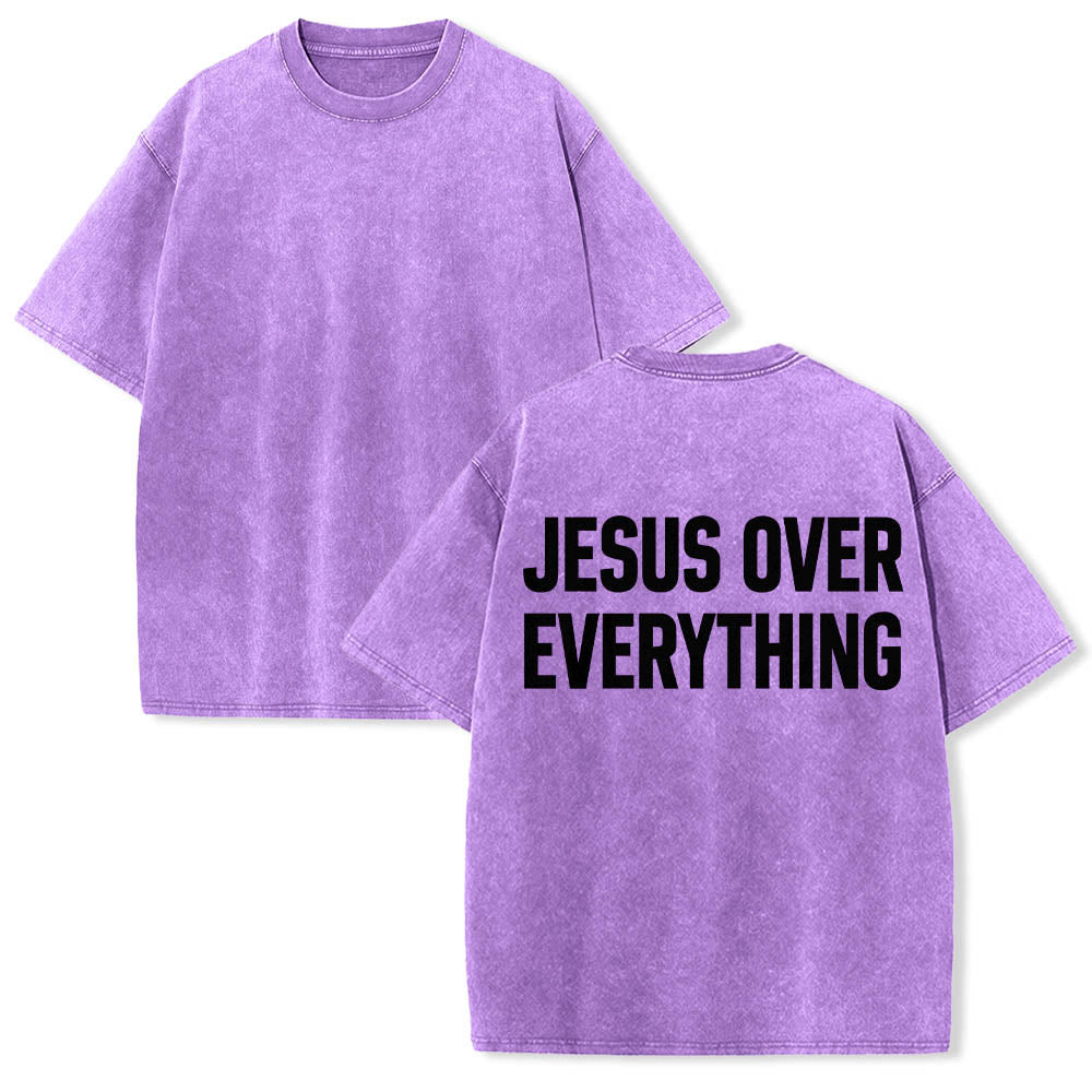 Christianartworkshop Two-Line Bold Jesus Over Everything Rear Block Letter Print Washed T鈥慡hirt