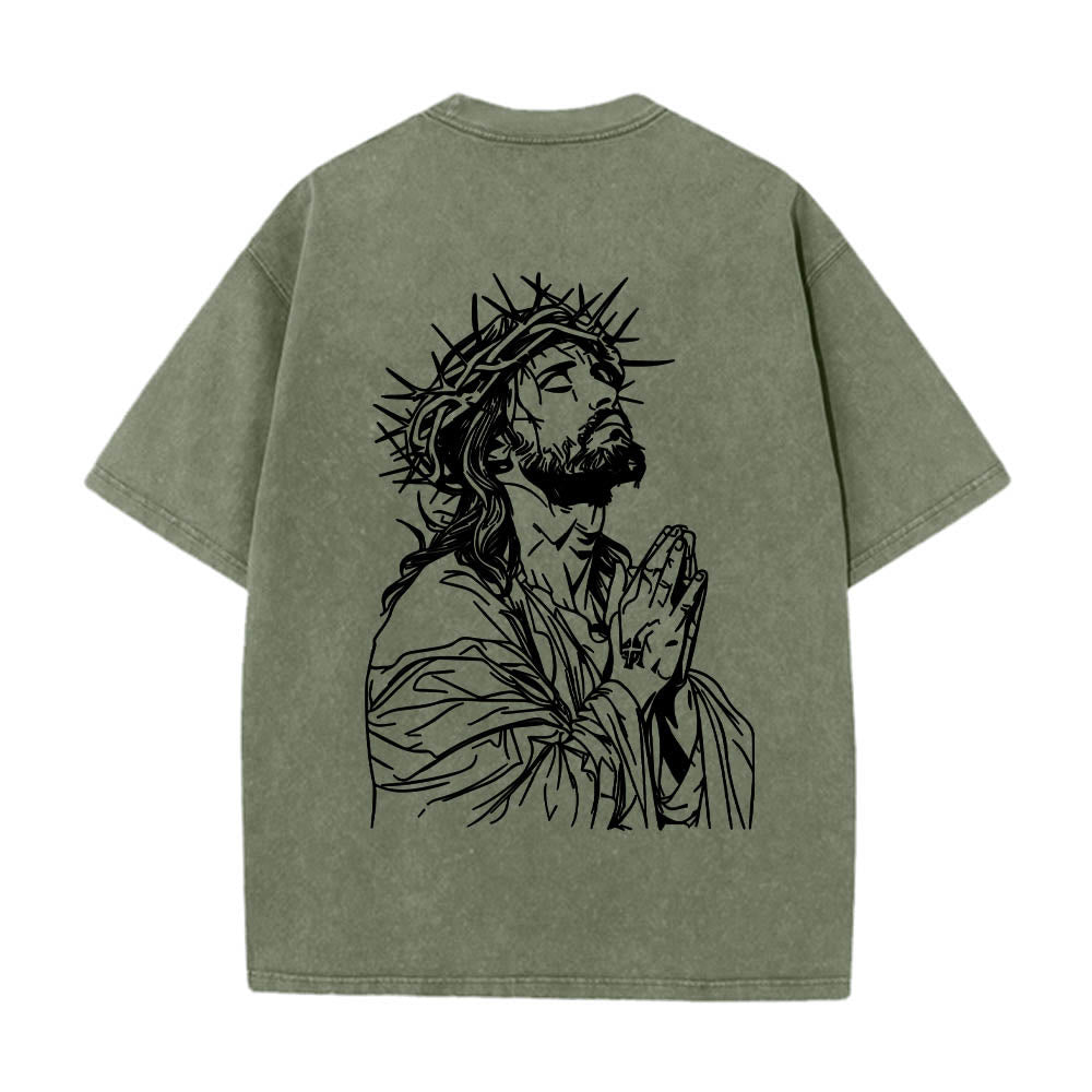 Christianartworkshop Front Cursive Slogan Rosary Cross Chain Back Thorn Crown Praying Jesus Line Washed T鈥慡hirt