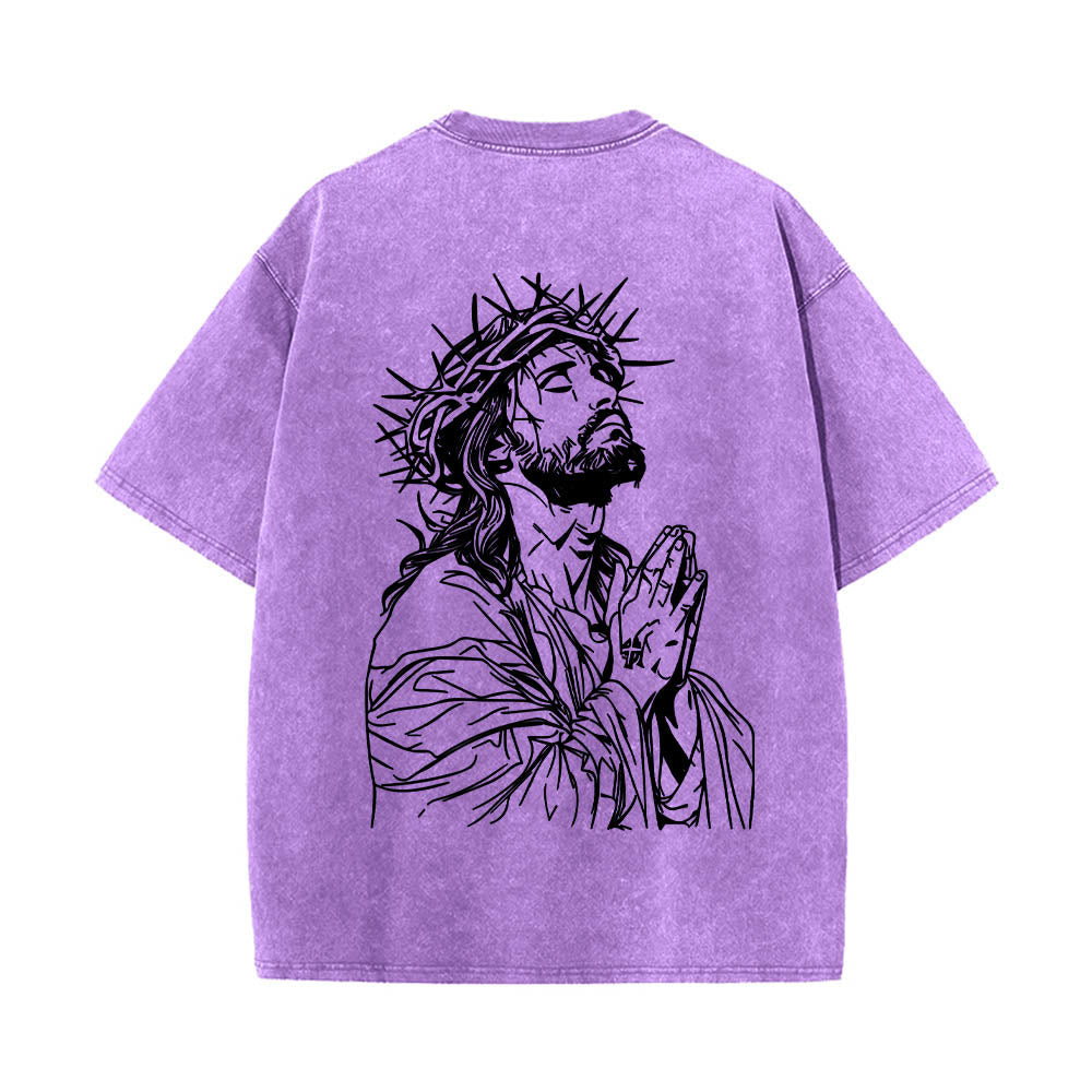 Christianartworkshop Front Cursive Slogan Rosary Cross Chain Back Thorn Crown Praying Jesus Line Washed T鈥慡hirt