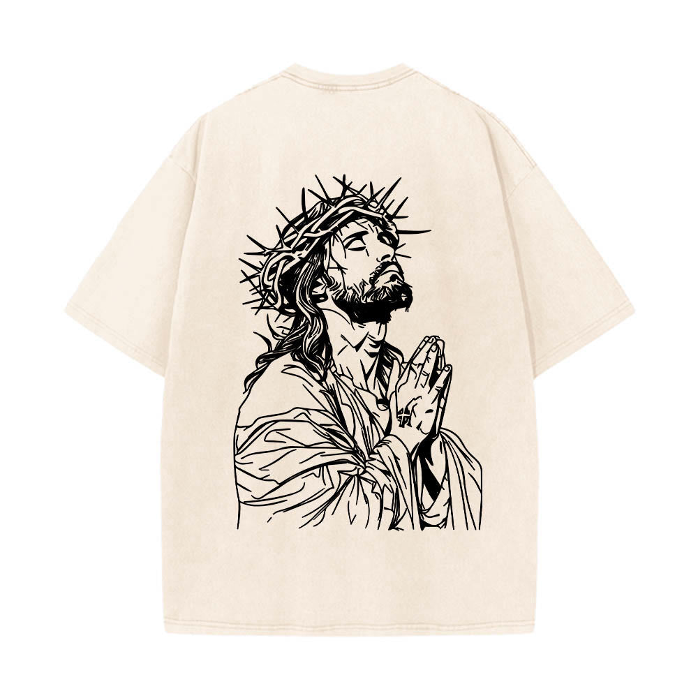 Christianartworkshop Front Cursive Slogan Rosary Cross Chain Back Thorn Crown Praying Jesus Line Washed T鈥慡hirt