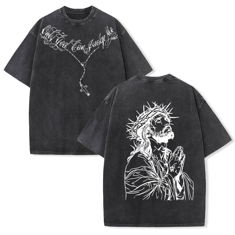 Christianartworkshop Front Cursive Slogan Rosary Cross Chain Back Thorn Crown Praying Jesus Line Washed T鈥慡hirt