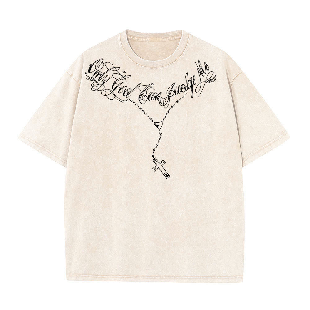 Christianartworkshop Front Cursive Slogan Rosary Cross Chain Back Thorn Crown Praying Jesus Line Washed T鈥慡hirt