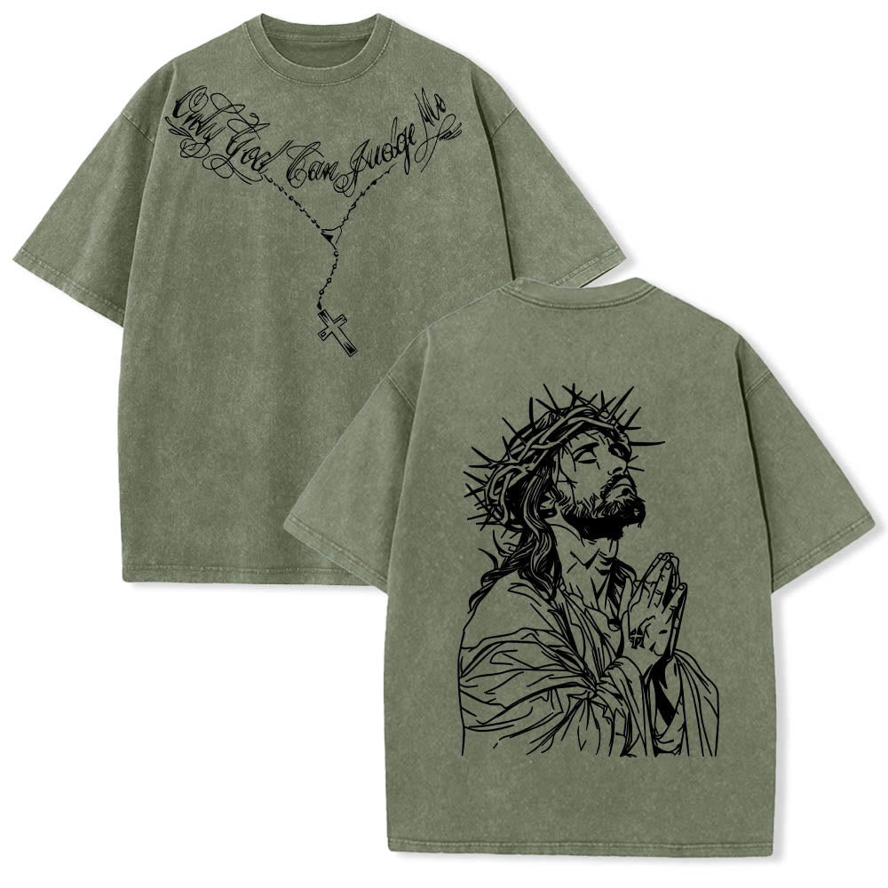 Christianartworkshop Front Cursive Slogan Rosary Cross Chain Back Thorn Crown Praying Jesus Line Washed T鈥慡hirt