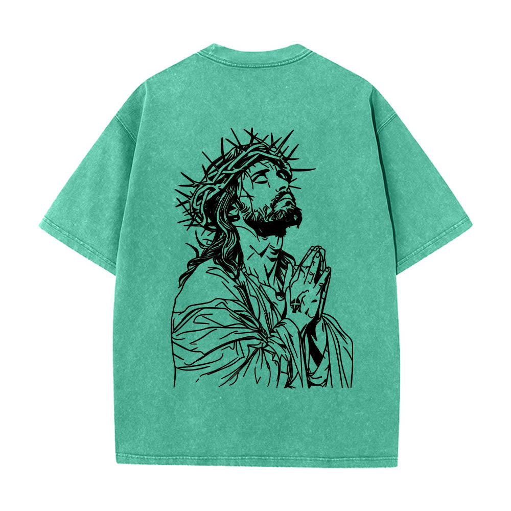 Christianartworkshop Front Cursive Slogan Rosary Cross Chain Back Thorn Crown Praying Jesus Line Washed T鈥慡hirt